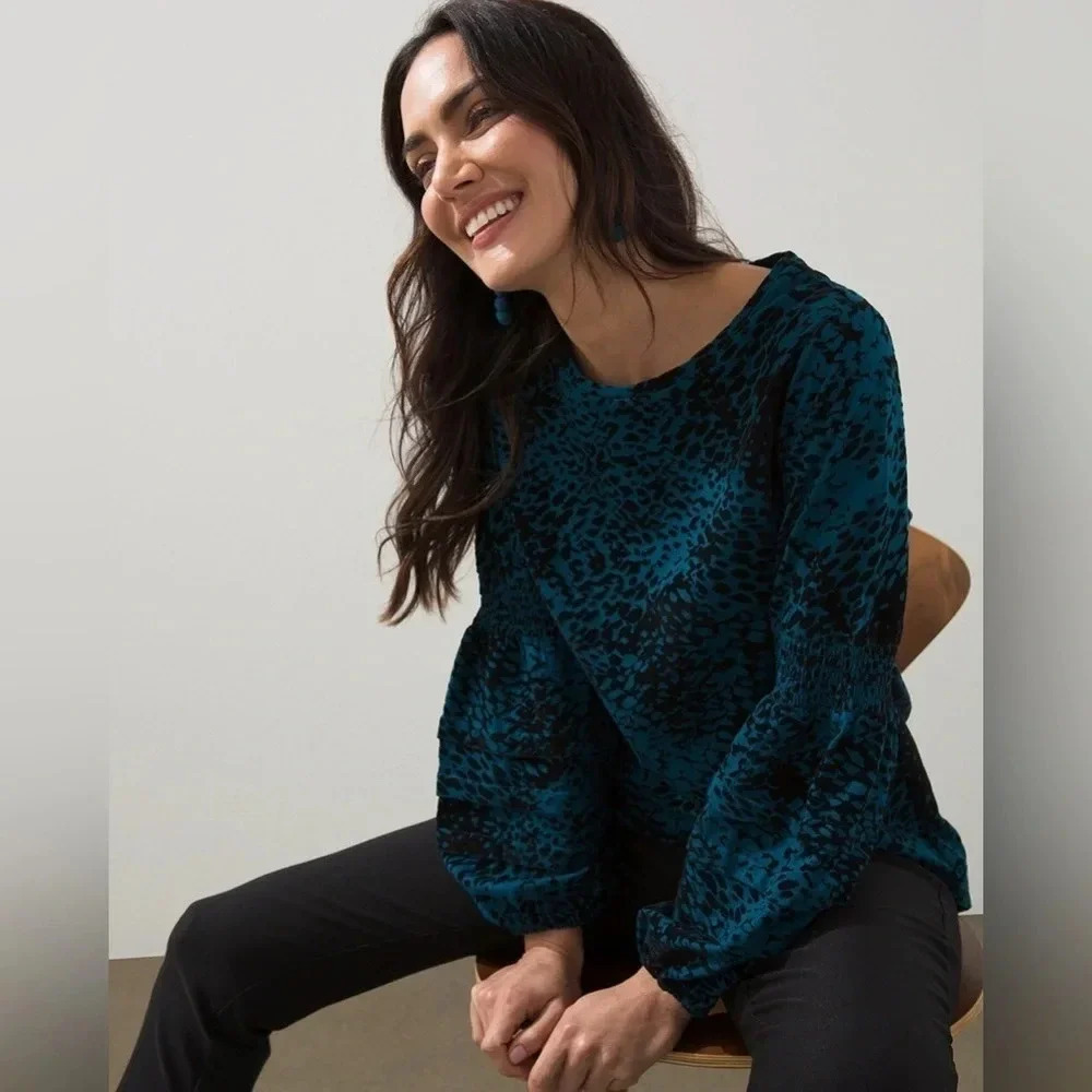 Chicos Velvet Burnout Flocked Sleeve Bohemian Whimsigoth Teal Black Top